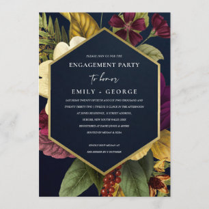 NAVY VINTAGE RETRO BURGUNDY FLORAL ENGAGEMENT INVITATION