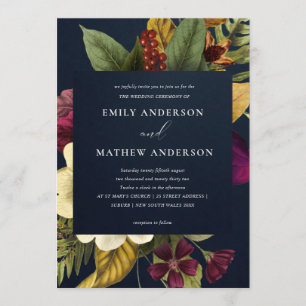 NAVY VINTAGE RETRO BURGUNDY YELLOW FLORAL WEDDING INVITATION
