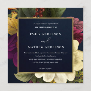 NAVY VINTAGE RETRO BURGUNDY YELLOW FLORAL WEDDING INVITATION
