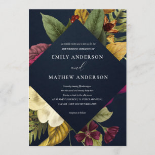 NAVY VINTAGE RETRO BURGUNDY YELLOW FLORAL WEDDING INVITATION