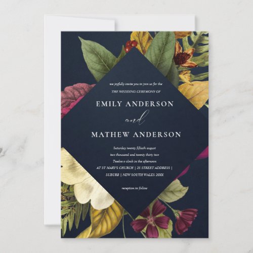 NAVY VINTAGE RETRO BURGUNDY YELLOW FLORAL WEDDING INVITATION