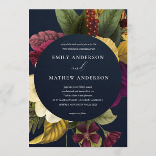 NAVY VINTAGE RETRO BURGUNDY YELLOW FLORAL WEDDING INVITATION
