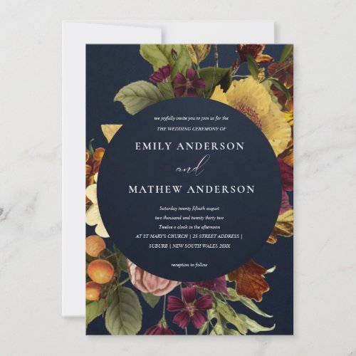 NAVY VINTAGE RETRO BURGUNDY YELLOW FLORAL WEDDING INVITATION