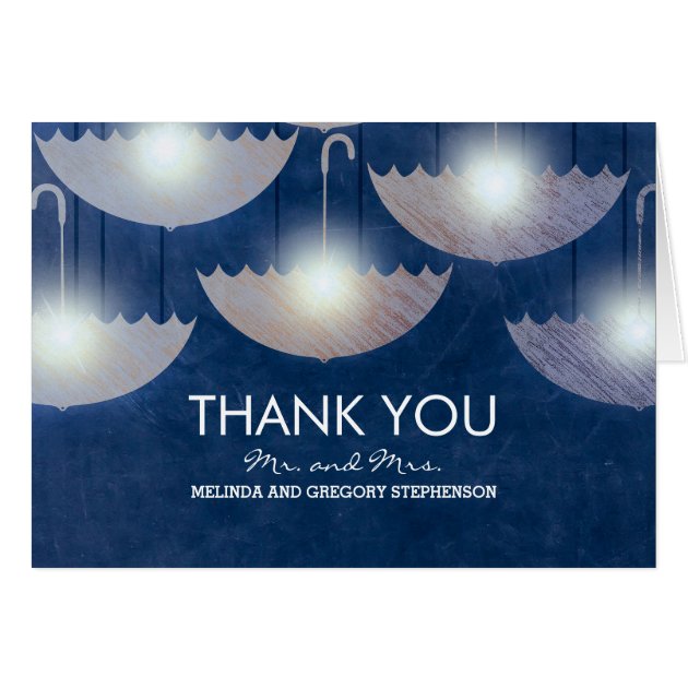 Navy Vintage Umbrella Lights Wedding Thank You Card