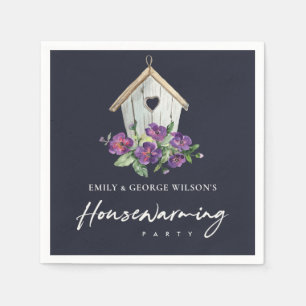 NAVY VIOLET FLORAL BIRD HOUSE HOUSEWARMING PARTY NAPKINS