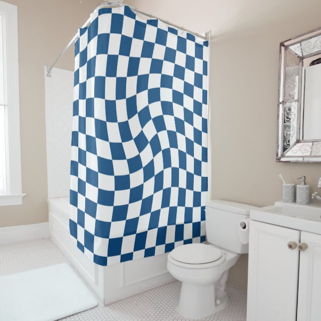 Navy Warped Retro Checks Checkerboard Checkered Shower Curtain (In Situ)