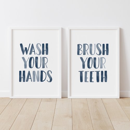 Navy Wash Your Hands Brush Your Teeth Bathroom Wall Art Sets