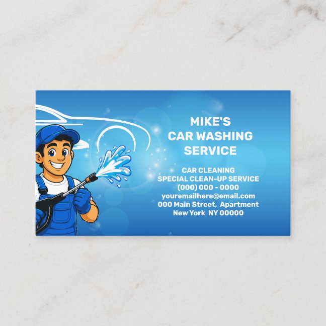 Navy Water Spray Car Wash Cartoon Guy Detailing Business Card