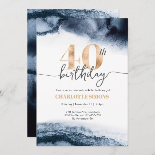 Navy watercolor and gold 40th birthday invitation