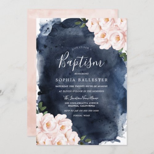 Navy Watercolor Beautiful Blush Floral Baptism Invitation