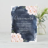 Navy Watercolor Beautiful Blush Floral Quinceanera Invitation (Standing Front)