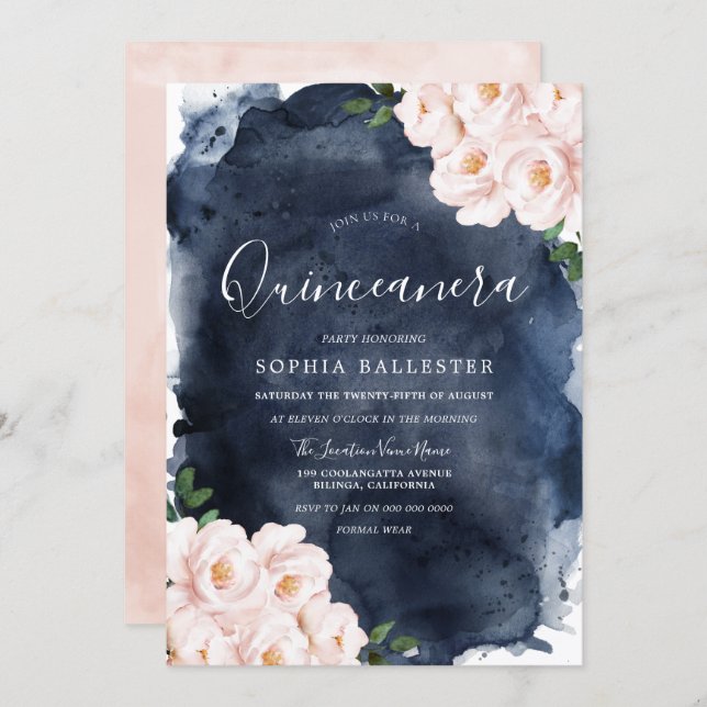 Navy Watercolor Beautiful Blush Floral Quinceanera Invitation (Front/Back)