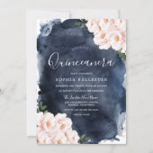 Navy Watercolor Beautiful Blush Floral Quinceanera Invitation (Front)