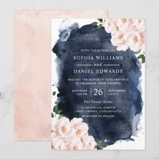 Navy Watercolor & Beautiful Blush Floral Wedding Invitation