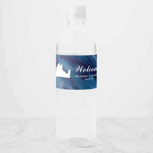 Navy Watercolor Blue Marthas Vineyard Map Wedding Water Bottle Label
