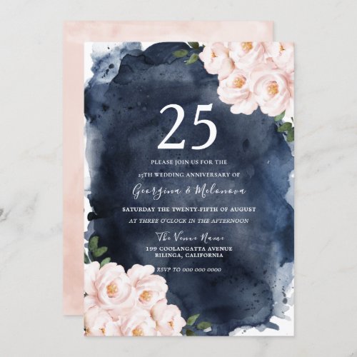 Navy Watercolor Blush Floral 25th Anniversary Invitation