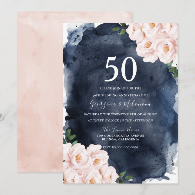 Navy Watercolor Blush Floral 50th Anniversary Invitation (Front/Back)