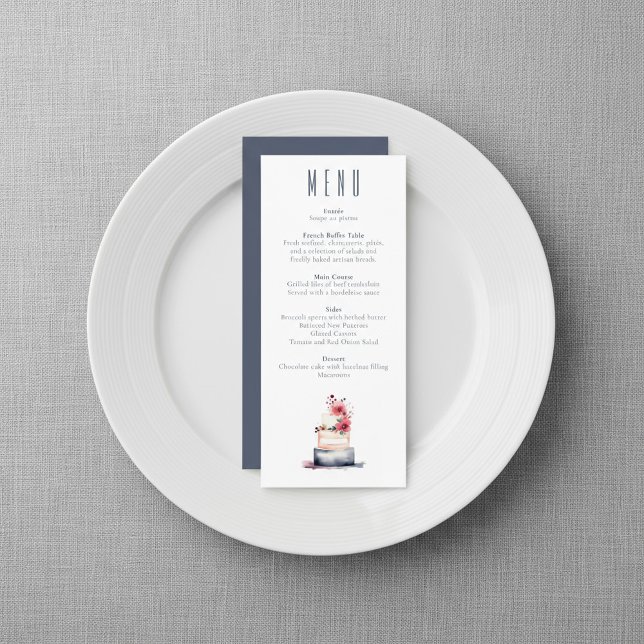 Navy Watercolor Cake Wedding Menu Card (Navy Watercolor Cake Wedding Menu Card.)