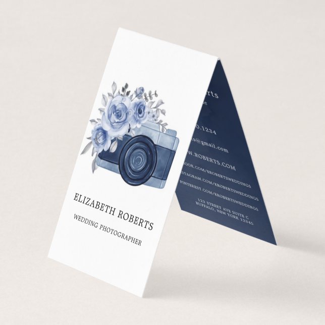 Navy Watercolor Camera Peony Wedding Photographer  Business Card (Front)