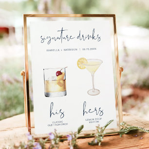 Navy Watercolor Cocktail Signature Drink Wedding Poster