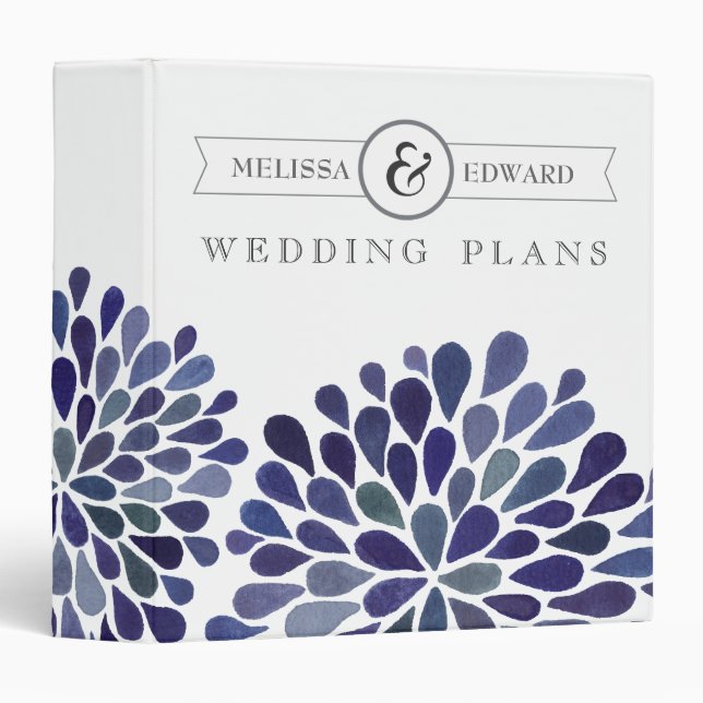Navy Watercolor Dahlias Wedding Planner Binder (Front/Spine)