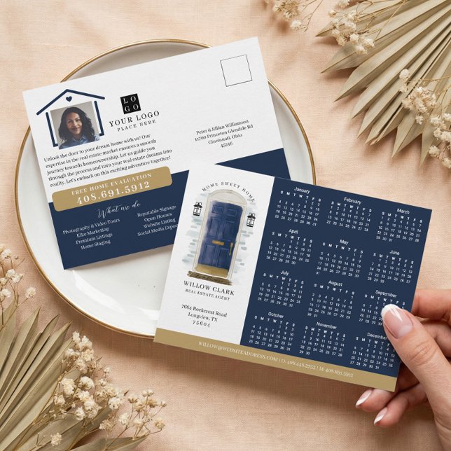 Navy Watercolor Door Real Estate Calendar 2026 Postcard (Navy Watercolor Door Real Estate Calendar 2026 Postcard)