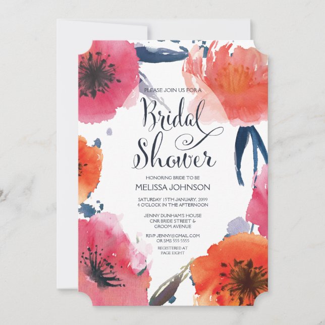 Navy Watercolor Floral Bridal Shower Invite (Front)