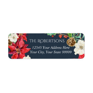 Navy Watercolor Floral Christmas Return Address Label