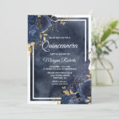Navy Watercolor, Floral & Dress, Gold Quinceanera Invitation (Standing Front)