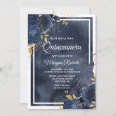Navy Watercolor, Floral & Dress, Gold Quinceanera Invitation (Front)