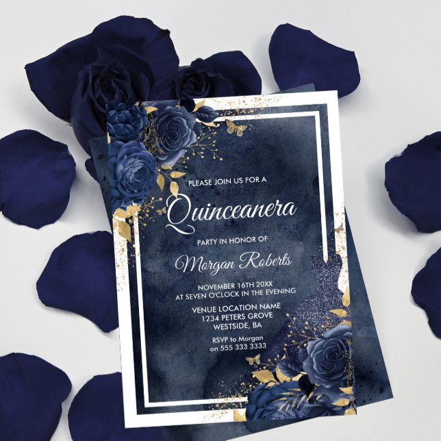 Navy Watercolor, Floral & Dress, Gold Quinceanera Invitation