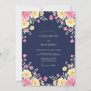 Navy Watercolor Floral Romance Wedding Invitation