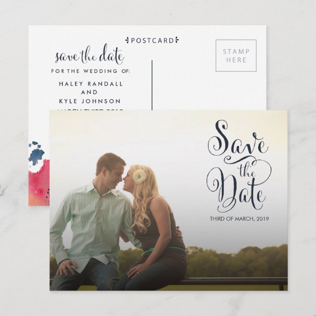 Navy Watercolor Floral Save the Date Announcement Postcard (Front/Back)
