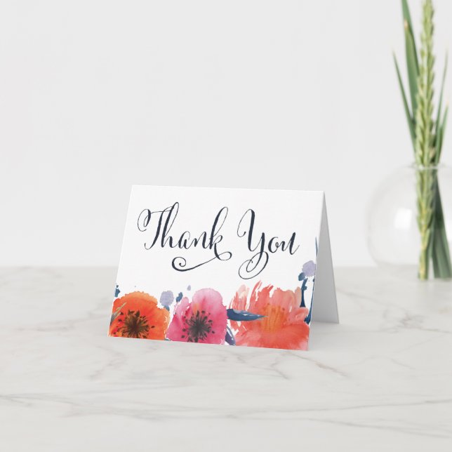 Navy Watercolor Floral Thank You Greeting Card (Front)