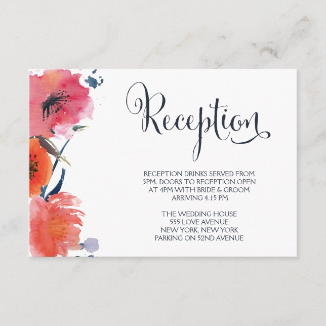 Navy Watercolor Floral Wedding Reception Cards (Front)
