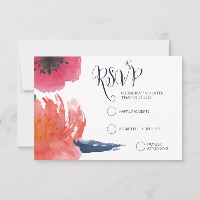 Navy Watercolor Floral Wedding RSVP Cards (Front)