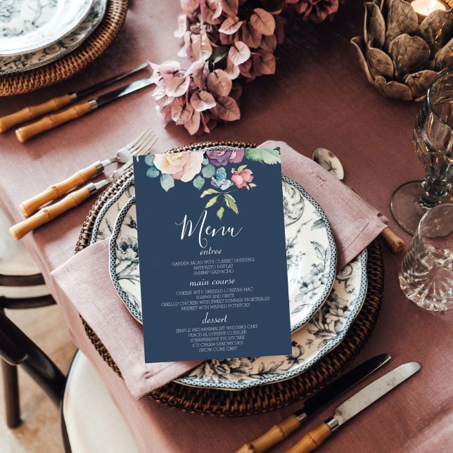 Navy Watercolor Floral Wedding Table Menu Cards (Creator Uploaded)