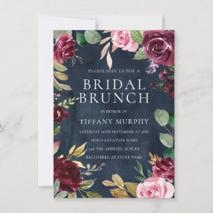 Navy Watercolor Floral Wreath Bridal Shower Brunch Invitation