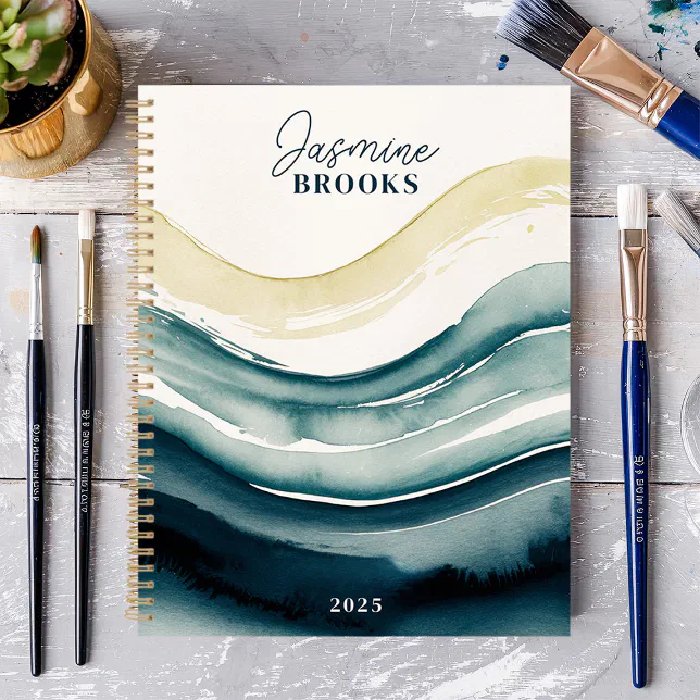 Navy Watercolor Flow 2025 Custom Name Planner | Zazzle