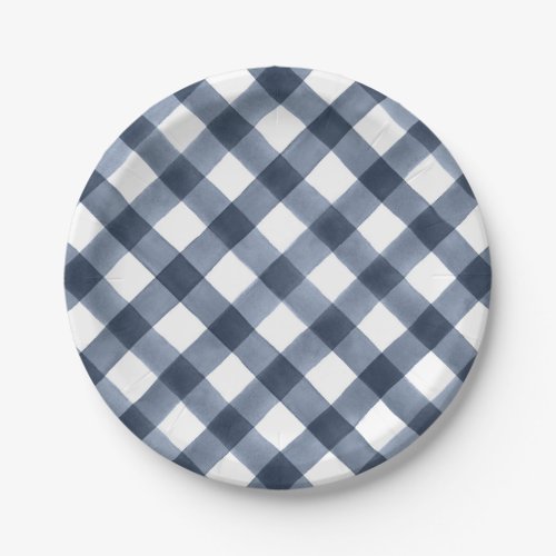 Navy Watercolor Gingham Paper Plates