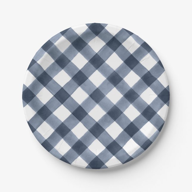 Navy Watercolor Gingham Paper Plates (Front)