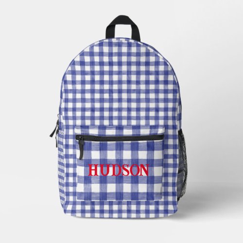 Navy Watercolor Gingham Personalized Printed Backpack