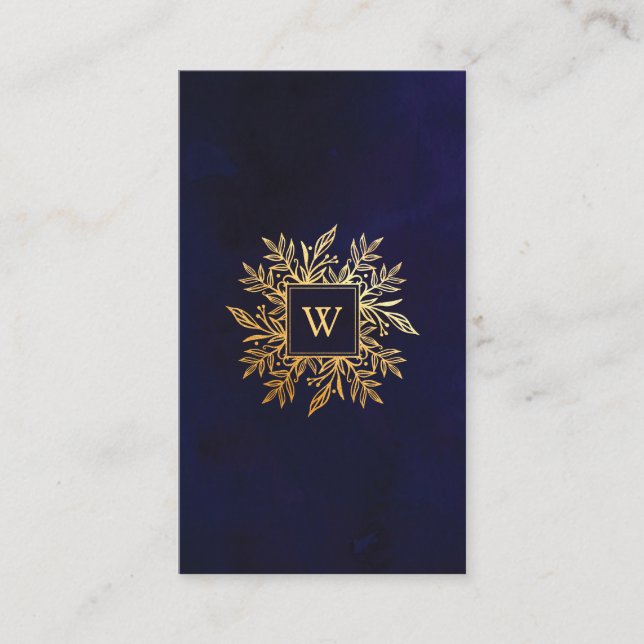 Navy Watercolor & Gold Foliage Monogram Emblem Business Card (Front)