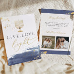 Navy Watercolor Gold Menorah Hanukkah Card<br><div class="desc">This Hanukkah greeting card features a navy blue watercolor smudge,  gold foil splatters,  a golden watercolor menorah and the saying "live love light" in honor of the festival of lights. Easily edit *most* wording and update the photographs to update your friends and families this holiday season.</div>
