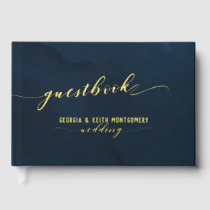 Navy Watercolor Gold Script Elegant Wedding Foil Guest Book
