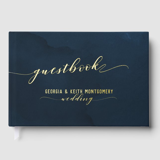 Navy Watercolor Gold Script Elegant Wedding  Foil Guest Book (Front)