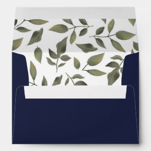 Navy Watercolor Greenery Wedding Return Address Envelope