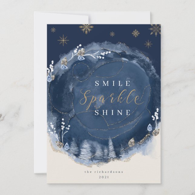 Navy Watercolor Ink & Jewels Winter Night Holiday Card (Front)