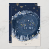 Navy Watercolor Ink & Jewels Winter Night Holiday Card (Front/Back)