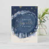 Navy Watercolor Ink & Jewels Winter Night Holiday Card (Standing Front)
